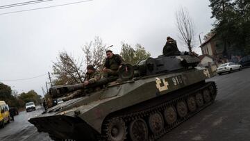 SVIATOHIERSK, UKRAINE - OCTOBER 20: Soldiers with a tank are seen patrolling as the Russia-Ukraine war continues in Sviatohiersk, Donetsk Oblast, Ukraine on October 20, 2022. (Photo by Wolfgang Schwan/Anadolu Agency via Getty Images)