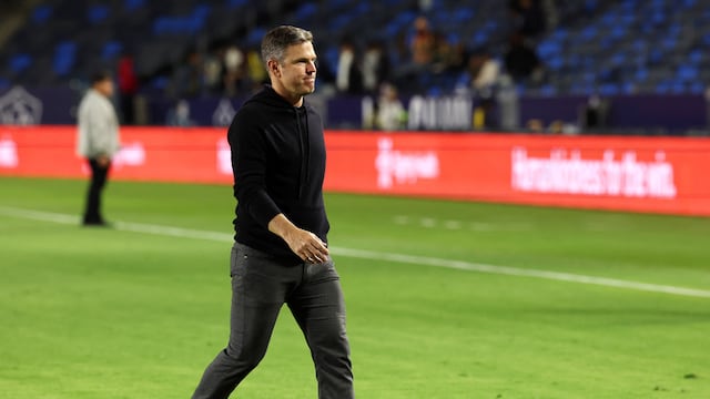 May 28, 2025; Carson, California, USA; LA Galaxy head coach Greg Vanney leaves the field after being defeated by the San Jose Earthquakes at Dignity Health Sports Park. Mandatory Credit: Kiyoshi Mio-Imagn Images