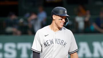 MILWAUKEE, WISCONSIN - SEPTEMBER 18: Aaron Judge #99 of the New York Yankees smiles after hitting a two-run double in the ninth inning against the Milwaukee Brewers at American Family Field on September 18, 2022 in Milwaukee, Wisconsin.   John Fisher/Getty Images/AFP