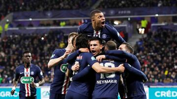 Soccer Football - Coupe de France - Semi Final - Olympique Lyonnais v Paris St Germain - Groupama Stadium, Lyon, France - March 4, 2020 Paris St Germain's Kylian Mbappe and team mates celebrate their second goal, scored by Neymar from the penalty sp