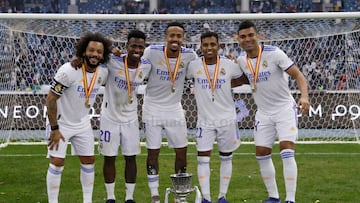 16/01/22 PARTIDO FINAL SUPERCOPA DE ESPA&Ntilde;A 2022 ARABIA
 ATHLETIC DE BILBAO CLUB - REAL MADRID 
 ALEGRIA CELEBRACION CAMPEONES BRASILE&Ntilde;OS MARCELO VINICIUS MILITAO RODRYGO CASEMIRO
 FOTO:REALMADRID.COM