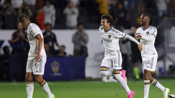 Jul 8, 2023; Carson, California, USA; Los Angeles Galaxy midfielder Riqui Puig (6) celebrates with forward Raheem Edwards (44) and forward Dejan Joveljic (9) after scoring during the second half against the Philadelphia Union at Dignity Health Sports Park. Mandatory Credit: Jason Parkhurst-USA TODAY Sports