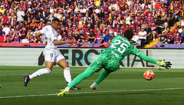 El delantero del Real Madrid, Kylian Mbapp, marca el definitivo 4-3 al Barcelona. 