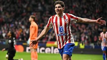 Atletico Madrid's Argentine forward #19 Julian Alvarez celebrates scoring his team's fifth goal during the UEFA Champions League last 16 first leg football match between Club Atletico de Madrid and Tottenham Hotspur at Metropolitano Stadium in Madrid on March 10, 2026. (Photo by Javier SORIANO / AFP)