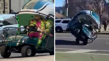 Jason Kelce causes chaos in Philadelphia, riding massive Eagles helmet cart and ends up falling off