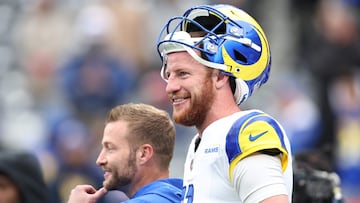 EAST RUTHERFORD, NEW JERSEY - DECEMBER 31: Carson Wentz #11 of the Los Angeles Rams looks on prior to a game against the New York Giants at MetLife Stadium on December 31, 2023 in East Rutherford, New Jersey.   Dustin Satloff/Getty Images/AFP (Photo by Dustin Satloff / GETTY IMAGES NORTH AMERICA / Getty Images via AFP)