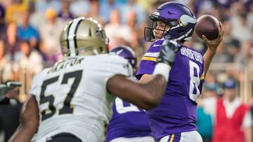 Sep 11, 2017; Minneapolis, MN, USA; Minnesota Vikings quarterback Sam Bradford (8) throws during the first quarter against the New Orleans Saints at U.S. Bank Stadium. Mandatory Credit: Brace Hemmelgarn-USA TODAY Sports