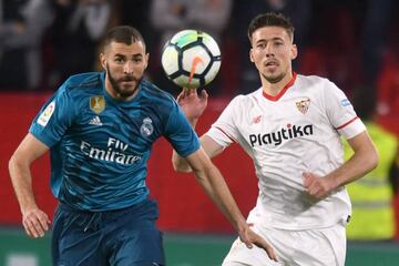 Karim Benzema and Clement Lenglet during the LaLiga match between Sevilla and Real Madrid.