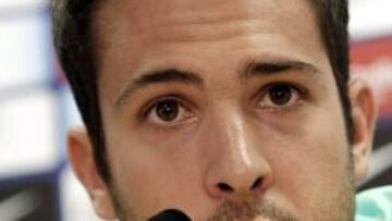 El jugador del F.C Barcelona Jordi Alba, durante la rueda de prensa que ha ofrecido esta mañana.