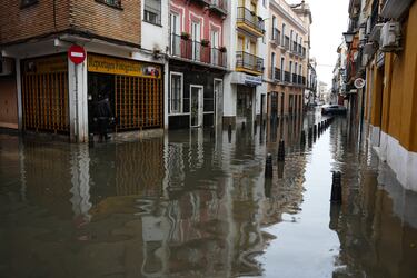 Calles anegadas de agua tras las lluvias torrenciales en la jornada de hoy en Sevilla.
