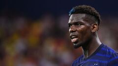 (FILES) France's midfielder Paul Pogba reacts during the UEFA EURO 2020 round of 16 football match between France and Switzerland at the National Arena in Bucharest on June 28, 2021. France star Paul Pogba has been given a four-year ban from football by Italy's anti-doping tribunal after testing positive for testosterone last August, his club Juventus said on February 29, 2024. (Photo by FRANCK FIFE / POOL / AFP)