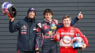 Ricciardo, Sainz Jr. y Albacete, durante la presentaci&oacute;n de los planes deportivos de la petrolera espa&ntilde;ola.