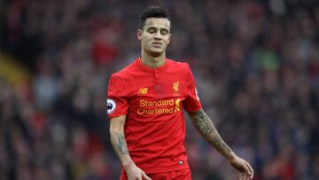 Philippe Coutinho of Liverpool reacts during the Premier League match between Liverpool and Swansea City