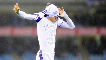 Real Sociedad&#039;s forward Juanmi Jimenez celebrates after scoring his team&#039;s first goal  during the Spanish league football match