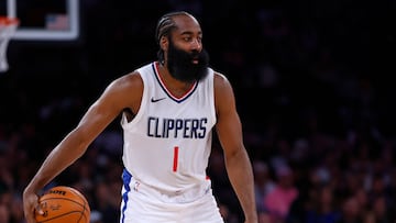 James Harden #1 of the LA Clippers moves the ball against the New York Knicks during the third quarter of a game at Madison Square Garden on November 6, 2023 in New York City. The Knicks defeated the Clippers 111-97.