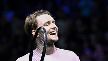 Kazakhstan's Alexander Bublik celebrates after winning against France's Corentin Moutet following their men's singles match on day three of the Paris ATP Masters 1000 tennis tournament at the Paris La D�fense Arena in Nanterre, on the outskirts of Paris, on October 29, 2025. (Photo by JULIEN DE ROSA / AFP)