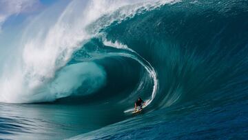 Raimana Van Bastolaer surfs at Teahupoo, Tahiti on August 18, 2019. (Photo by Matt Dunbar; /WSL).