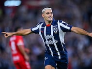 German Berterame celebrates his goal 3-1 of Monterrey during the Quarter-Final first leg match between Monterrey and Toluca as part of the Liga BBVA MX, Torneo Clausura 2025 at BBVA Bancomer Stadium on May 07, 2025 in Monterrey, Nuevo Leon, Mexico.