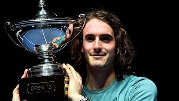 Greece&#039;s Stefanos Tsitsipas poses with the trophy after winning the ATP Open 13 Provence tennis tournament in Marseille, southeastern France, on February 24, 2019. (Photo by CHRISTOPHE SIMON / AFP)