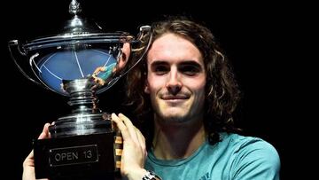 Greece's Stefanos Tsitsipas poses with the trophy after winning the ATP Open 13 Provence tennis tournament in Marseille, southeastern France, on February 24, 2019. (Photo by CHRISTOPHE SIMON / AFP)