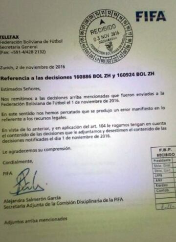 Tras el anuncio de la FIFA de quitarle tres puntos a Bolivia para dárselos a Chile, los bolivianos armaron un montaje con una supuesta carta que 'rectificaba' todo lo dicho por la entidad deportiva. Al final, gracias a las redes sociales, se descubrió que era una 'inocentada' y la sentencia de la FIFA por las Eliminatorias siguió en pie.