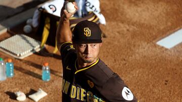 Oct 6, 2024; Los Angeles, California, USA; San Diego Padres pitcher Yu Darvish (11) warms up before game two against the Los Angeles Dodgers in the NLDS for the 2024 MLB Playoffs at Dodger Stadium. Mandatory Credit: Kiyoshi Mio-Imagn Images