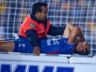 Jesus Orozco of Cruz Azul is injured during the semi-finals second leg match between Tigres UANL and Cruz Azul, as part of the Liga BBVA MX, Torneo Apertura 2025 at Universitario Stadium, on December 06, 2025 in Monterrey, Nuevo Leon, Mexico.