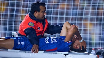 Jesus Orozco of Cruz Azul is injured during the semi-finals second leg match between Tigres UANL and Cruz Azul, as part of the Liga BBVA MX, Torneo Apertura 2025 at Universitario Stadium, on December 06, 2025 in Monterrey, Nuevo Leon, Mexico.