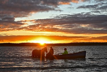 Tammy Good relaja a su caballo con un baño en el mar tras su entrenamiento antes del tercer día del Carnaval de Carreras de Warrnambool (Australia). El agua mejora la salud y el bienestar de los caballos. Su uso está muy extendido en el sector como ayuda para la rehabilitación, el rendimiento y la salud y forma física general de los caballos.
