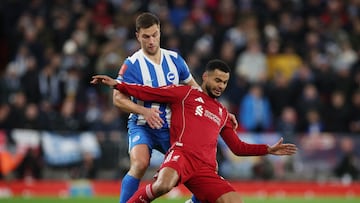 Soccer Football - FA Cup - Fourth Round - Liverpool v Brighton & Hove Albion - Anfield, Liverpool, Britain - February 14, 2026 Liverpool's Cody Gakpo in action with Brighton & Hove Albion's Joel Veltman REUTERS/Phil Noble
