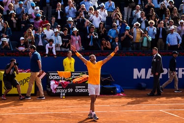 Nadal celebra su victoria contra el eslovaco Martin Klizan en su partido de la quinta jornada del Barcelona Open de 2018. 