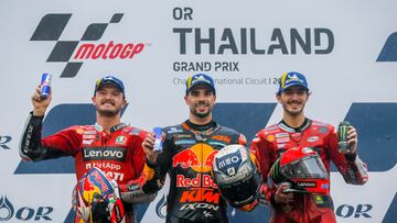 El podio de Buriram, Bagnaia, Oliveira y Miller.