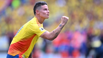 Colombia's midfielder James Rodriguez celebrates his team's first goal scored by his teammate defender Yerson Mosquera during the 2026 FIFA World Cup South American qualifiers football match between Colombia and Argentina, at the Metropolitano Roberto Mel�ndez stadium in Barranquilla, Colombia, on September 10, 2024. (Photo by RAUL ARBOLEDA / AFP)