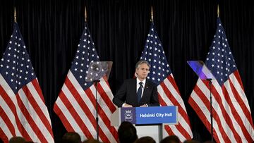 U.S. Secretary of State Antony Blinken gives a speech at the Helsinki City Hall, in Helsinki, Finland June 2, 2023. Lehtikuva/via REUTERS ATTENTION EDITORS - THIS IMAGE WAS PROVIDED BY A THIRD PARTY. NO THIRD PARTY SALES. NOT FOR USE BY REUTERS THIRD PARTY DISTRIBUTORS. FINLAND OUT. NO COMMERCIAL OR EDITORIAL SALES IN FINLAND.