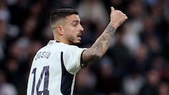 Soccer Football - LaLiga - Real Madrid v Almeria - Santiago Bernabeu, Madrid, Spain - January 21, 2024 Real Madrid's Joselu reacts REUTERS/Isabel Infantes