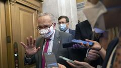 Senate Majority Leader Charles Schumer (D-NY) talks to the media as he returns to the U.S. Capitol after a meeting with President Biden on September 22, 2021 in Washington, DC.