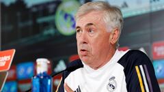 Carlo Ancelotti, entrenador del Real Madrid, en una rueda de prensa en Valdebebas.