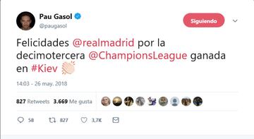 El jugador de la NBA, Pau Gasol, utiliz¨® twitter para felicitar al Real Madrid.