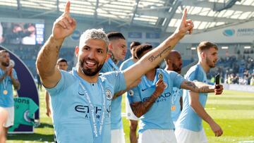 Soccer Football - Premier League - Brighton &amp; Hove Albion v Manchester City - The American Express Community Stadium, Brighton, Britain - May 12, 2019  Manchester City&#039;s Sergio Aguero celebrates winning the Premier League           Action Images via Reuters/John Sibley  EDITORIAL USE ONLY. No use with unauthorized audio, video, data, fixture lists, club/league logos or &quot;live&quot; services. Online in-match use limited to 75 images, no video emulation. No use in betting, games or single club/league/player publications.  Please contact your account representative for further details.