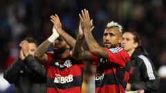 Flamengo's Brazilian forward Gabriel Barbosa (L) and Flamengo's Chilean midfielder Arturo Vidal (R) greet the fans after their defeat in the FIFA Club World Cup semi-final football match between Brazil's Flamengo and Saudi Arabia's Al-Hilal at the Ibn Batouta Stadium in Tangier on February 7, 2023. (Photo by Fadel Senna / AFP)