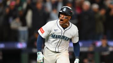 Oct 10, 2025; Seattle, Washington, USA; Seattle Mariners second baseman Jorge Polanco (7) hits a walk off single against the Detroit Tigers during the fifteenth inning during game five of the ALDS round for the 2025 MLB playoffs at T-Mobile Park. Mandatory Credit: Steven Bisig-Imagn Images
