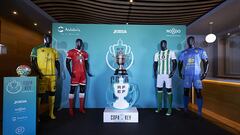 Imagen de las camisetas del Jaén Paraíso Interior, el Jimbee Cartagena, el Real Betis y el Servigroup Peñíscola, los cuatro equipos que disputarán la Final Four de la Copa del Rey de fútbol sala.