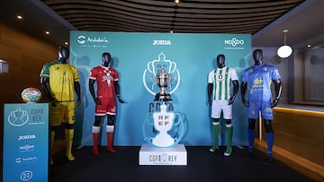 Imagen de las camisetas del Jaén Paraíso Interior, el Jimbee Cartagena, el Real Betis y el Servigroup Peñíscola, los cuatro equipos que disputarán la Final Four de la Copa del Rey de fútbol sala.