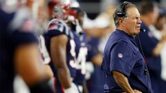 FOXBOROUGH, MASSACHUSETTS - AUGUST 22: Head coach Bill Belichick of the New England Patriots looks on during the preseason game between the Carolina Panthers and the New England Patriots at Gillette Stadium on August 22, 2019 in Foxborough, Massachusetts.   Maddie Meyer/Getty Images/AFP
 == FOR NEWSPAPERS, INTERNET, TELCOS &amp; TELEVISION USE ONLY ==