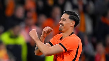 TOPSHOT - Netherlands' midfielder #14 Tijjani Reijnders celebrates scoring his team's second goal during a friendly football match between the Netherlands and Norway at the Johan Cruijff Arena in Amsterdam on March 27, 2026. (Photo by JOHN THYS / AFP)