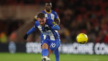 Soccer Football - FA Cup Third Round - Middlesbrough v Brighton & Hove Albion - Riverside Stadium, Middlesbrough, Britain - January 7, 2023 Brighton & Hove Albion's Alexis Mac Allister shoots against the post from a free kick Action Images via Reuters/Lee Smith