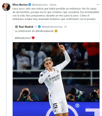 Mina Bonino, sobre la celebración de Valverde: “El embarazo está muy avanzado”. TWITTER