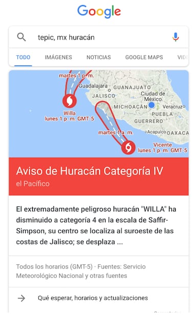 Google activa Alertas Públicas para el huracán Willa