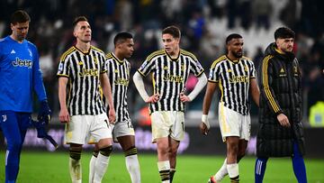 Juventus players react at the end of the Italian Serie A football match Juventus vs Udinese on February 12, 2024 at the �Allianz Stadium� in Turin. (Photo by MARCO BERTORELLO / AFP)