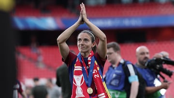 Barcelona's Spanish midfielder #14 Aitana Bonmati acknowledges fans after the UEFA Women's Champions League final football match between FC Barcelona and  Olympique Lyonnais at the San Mames stadium in Bilbao on May 25, 2024. (Photo by Thomas COEX / AFP)